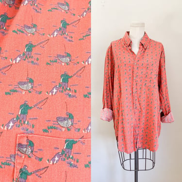 Vintage 1980s Fishing Novelty Print Button Down Shirt / L-XL 