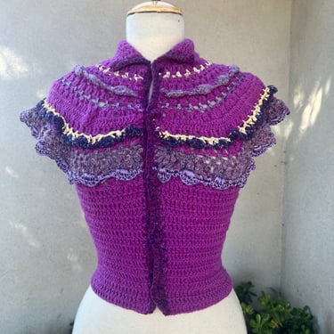 Vintage boho hand knit crochet vest top purples shawl collar button front Sz XS 