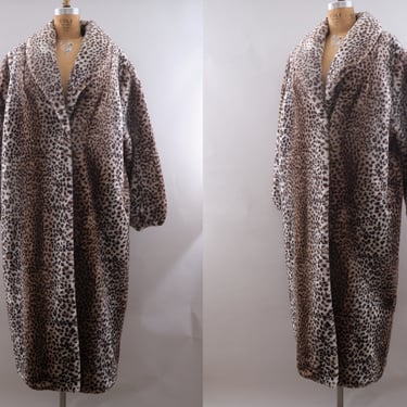 Vintage 80s Snow Leopard Print Coat Faux Fur Full Length 1XL Extra Large 