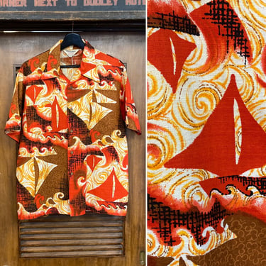 Vintage 1960’s Size L Mod Atomic Sailboat Barkcloth Cotton Pop Art Hawaiian Shirt, 60’s Vintage Clothing 