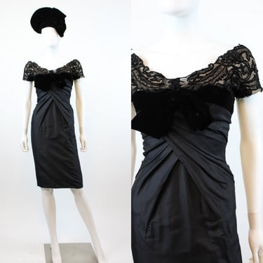 1950s couture SILK and LACE wiggle folded dress xxs | new fall winter 