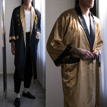 Vintage 80s Asian Souvenir Gold & Black Silk Reversible Embroidered Dragon Smoking Robe | 100% Silk | 1970s 1980s Asian Unisex House Robe 