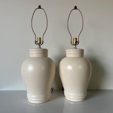 1970s Hollywood Regency  Ivory Glaze  Ceramic Table Lamps - a Pair 