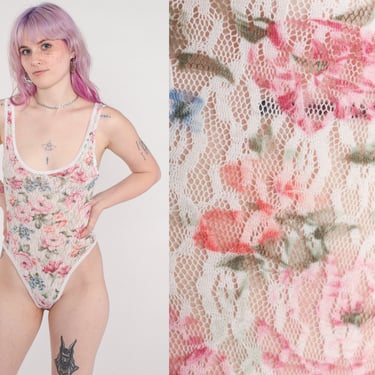 Floral Lace Bodysuit 80s Sheer High Cut Leotard Sleeveless Flower Lingerie Pink Bohemian Scoop Neck Vintage 1980s Sexy Small Medium 