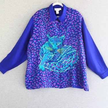 Leopard - Blue Silk Blouse - Novelty - by Diane Gilman - Marked size 3X 