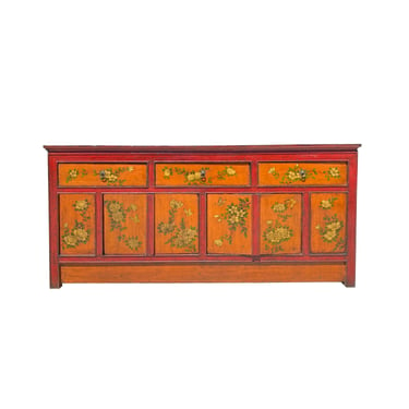 Chinese Tibetan Orange Red Yellow Flower Graphic Low TV Console Table cs7317 