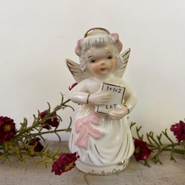 Vintage Napco September Pal, Birthday Girl Angel, 1600, Angel With Pink Bow Holding School Book 