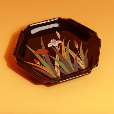 80s Black Gold Carnation Japanese Tulip Decorative Tray Plate 