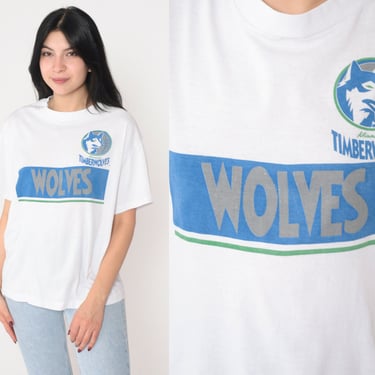 Minnesota Timberwolves Shirt 90s Minneapolis Basketball T-Shirt NBA Graphic Tee Retro Sports TShirt Single Stitch White Vintage 1990s Large 