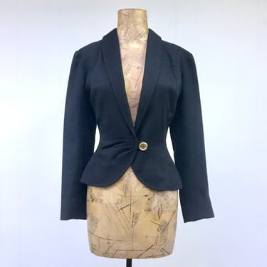 Vintage 1950s Black Wool Hourglass Jacket, Fitted New Look Blazer w/Princess Seams and Shawl Collar, Small/Medium 36