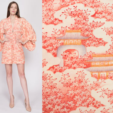 One Size Vintage Japanese Pagoda Print Silk Haori Kimono | Boho Leaf Print Asian Jacket Mini Robe 