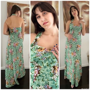 70s floral Halter Dress Maxi Open Back boho goddess Dress S M 