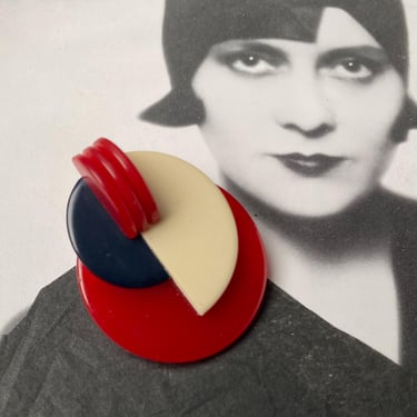 Art Deco Vintage Black & White with Red Bakelite Galalith Geometric Modernist brooch by BakeliteBa