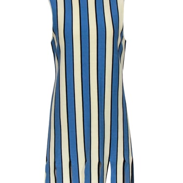 Eva Franco - Cream, Blue, & Black Striped Mock Neck Dress w/ Fringe Hem Sz L