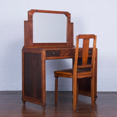 1920s French Parisian Art Deco Oak Vanity W/ Chair - A Pair 
