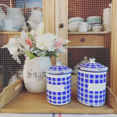 Beautiful set of vintage French enamelware blue canisters 