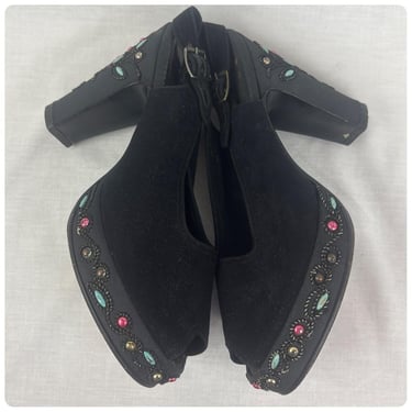 Vintage 1940s Black Suede Embellished Cha Cha Platform Heels – Size 6.5 