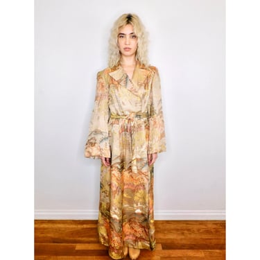 Brocade Holiday Dress // vintage 70s 1970s formal maxi duster boho hippie formal holiday metallic gold embroidered robe Asian tapestry / S/M 