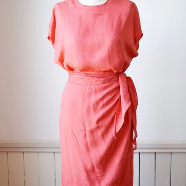Vintage 90s Coral Silk Jacquard Dress Set | M/L 