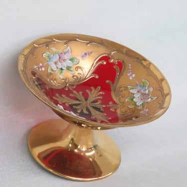 Murano Style Glass Red and Gold Floral Small Compote Pedestal Bowl 3441B