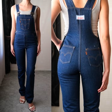 Vintage 70s LEVIS Orange Tap Deep Indigo Wash Slim Fit Bib Overalls | DEADSTOCK | 1970s  LEVIS Designer Womens Overalls Deep Indigo 