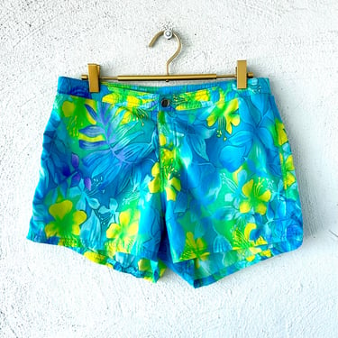 Vintage 90s Hawaiian Bright Shorts 1990s Surf Swim Shorts Hawaii Blue Yellow Floral Bottoms 