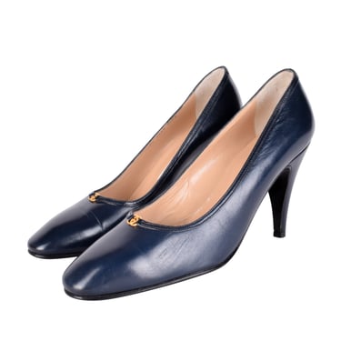 Gucci Vintage AW 1985 Navy Blue Leather Golden Logo Heels