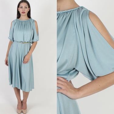 Steel Blue Braided Grecian Midi Dress Medium / Open Split Puff Sleeves / Vintage 70s Disco Goddess Mini Dress 