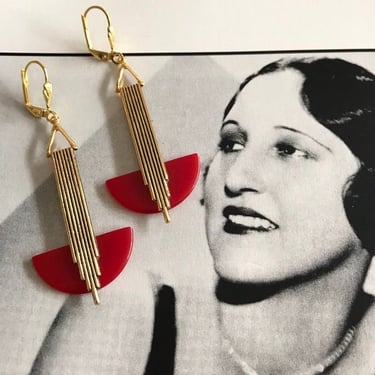 Stunning Art deco Cherry Red bakelite 'Odeonesque' Geometric drop earrings jazz age modernist by BakeliteBa