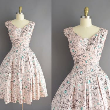 1950s dress | Leslie Fay Pastel Pink Floral Print Full Skirt Dress | Large | 50s vintage dress 