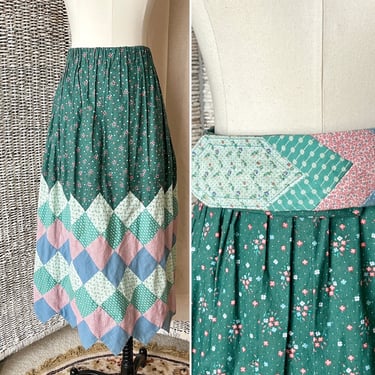 Vintage Patchwork Midi Skirt, Zigzag Hem, Matching Belt, Prairie, Hippie, Cotton, Elastic Waist 