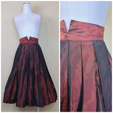 1950s Vintage Brown Taffeta Skirt / 50s High Waisted Corset Box Pleat Skirt / XS - Small 