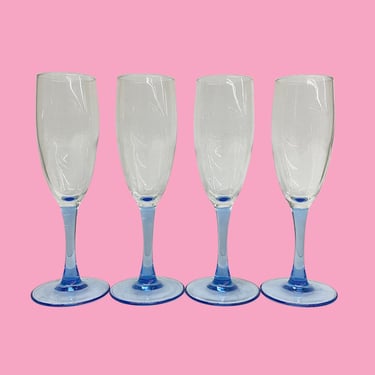Vintage Champagne Glasses Retro 1980s Contemporary + Flute Style + Clear Glass Top + Blue Stemware + Set of 4 + Barware + Drinking + Bar 
