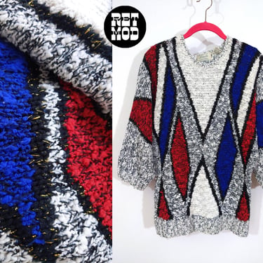 Bold Graphic Vintage 80s 90s Red Blue Black White Geometric Bouclé Sweater 