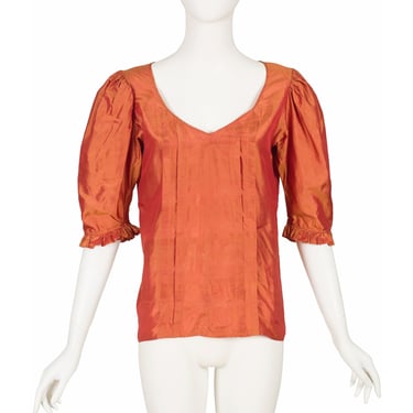 Yves Saint Laurent 1980s Vintage Iridescent Burnt Orange Silk Taffeta Puff Sleeve Blouse 