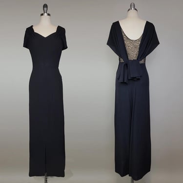 1930s Gown / Black Gown / Black Crepe Gown / Evening Dress / 1930s Evening Dress / Lace Illusion Dress / Size Small 