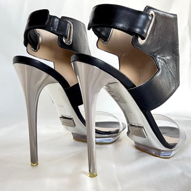Y2K SILVER LEATHER Platform Stilettos, Clear PVC Strappy Sandals, Mob Wife Metallic Stilettos, 90s Leather Cage Shoes, Fetish Heel, 8, 8.5N 