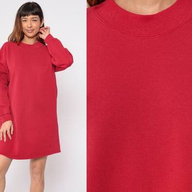 Red T-Shirt Dress 90s Long Sleeve Mini Dress Plain Casual Basic Day Dress Tshirt Dress Casual Minidress Vintage 1990s Lee Extra Large xl 