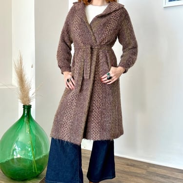 Vintage 1980s Coat / '80s Nubbly Mohair Sweater Coat / Brown Purple ( S M ) 