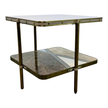 Theodore Alexander Modern Two Tiered Parquetry Marble Iconic End Table