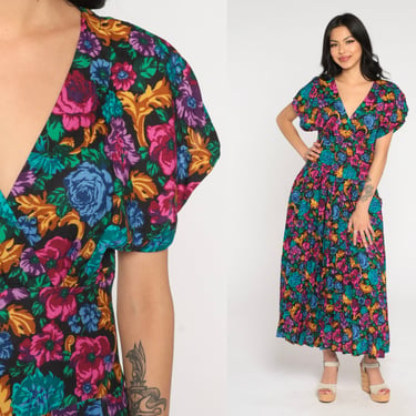 Pleated Floral Dress 80s 90s Flower Print Maxi Dress Boho V Neck High Waisted Ankle Length Short Sleeve Vintage All That Jazz Small Medium 