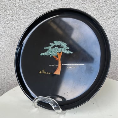 Vintage kitsch Couroc black small round tray colorful tree theme inlaid 10.5” x 1/2” 