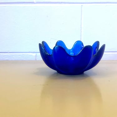 Vintage 90s Blenko Lotus Cobalt Art Glass Bowl 