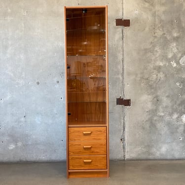 Danish Tall Teak Three Drawers Cabinet With Glass Shelves &amp; Doors