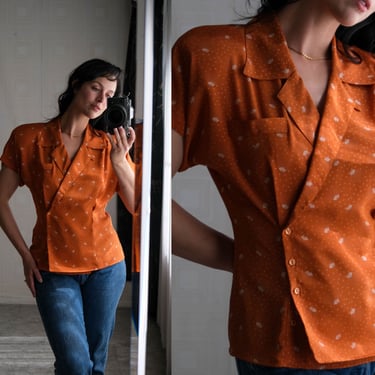 Vintage 80s Does 40s TESS Orange Fan Polkadot Print Button Wrap Loop Collar Rayon Blouse w/ Broad Shoulders | 1980s Does 1940s Designer Top 