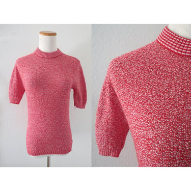 Vintage 60s Mod Knit Top - Red Short Sleeve Sweater Blouse - Mock Neck Shirt - Size Small 