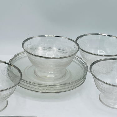 Vintage 8 PC Set Silver trim Small Bowls and Plates- Sandwich glass with Embossed floral design- Chip Free 