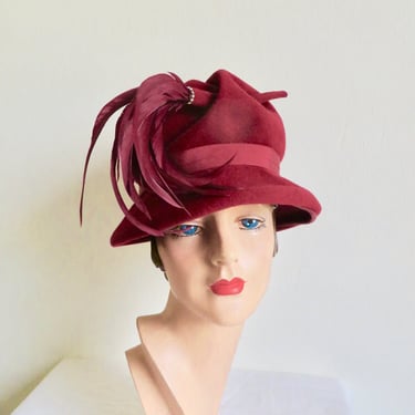 Vintage 1960's Burgundy Red Cranberry Felt Tall Crown Hat Feather Trim 60's Millinery Peachbloom Velour Size 23 