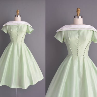 1950s dress | Gorgeous Mint Green Polished Cotton Full Skirt Shirtwaist Dress | XS | 50s vintage dress 