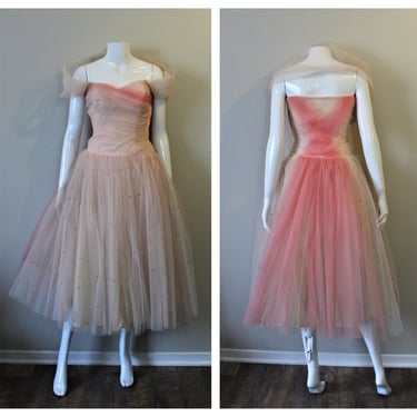 Vintage 1950s Fancy Strapless Pink Ombre Sequins Tulle Cupcake Prom Event Dress formal gown // US 0 2 xs s waist 25 to 26 